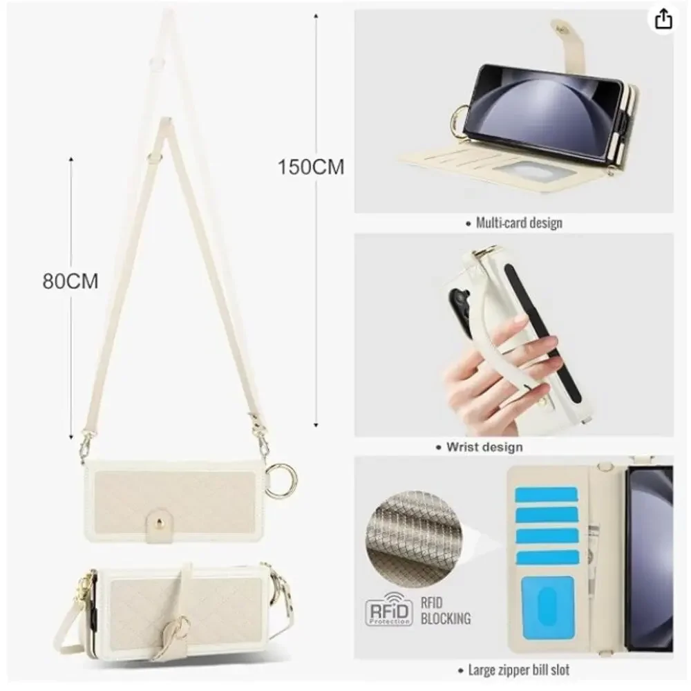 Asuwish Galaxy Z Fold 7 Crossbody Wallet Case RFID S Pen Holder Card Slots Beige